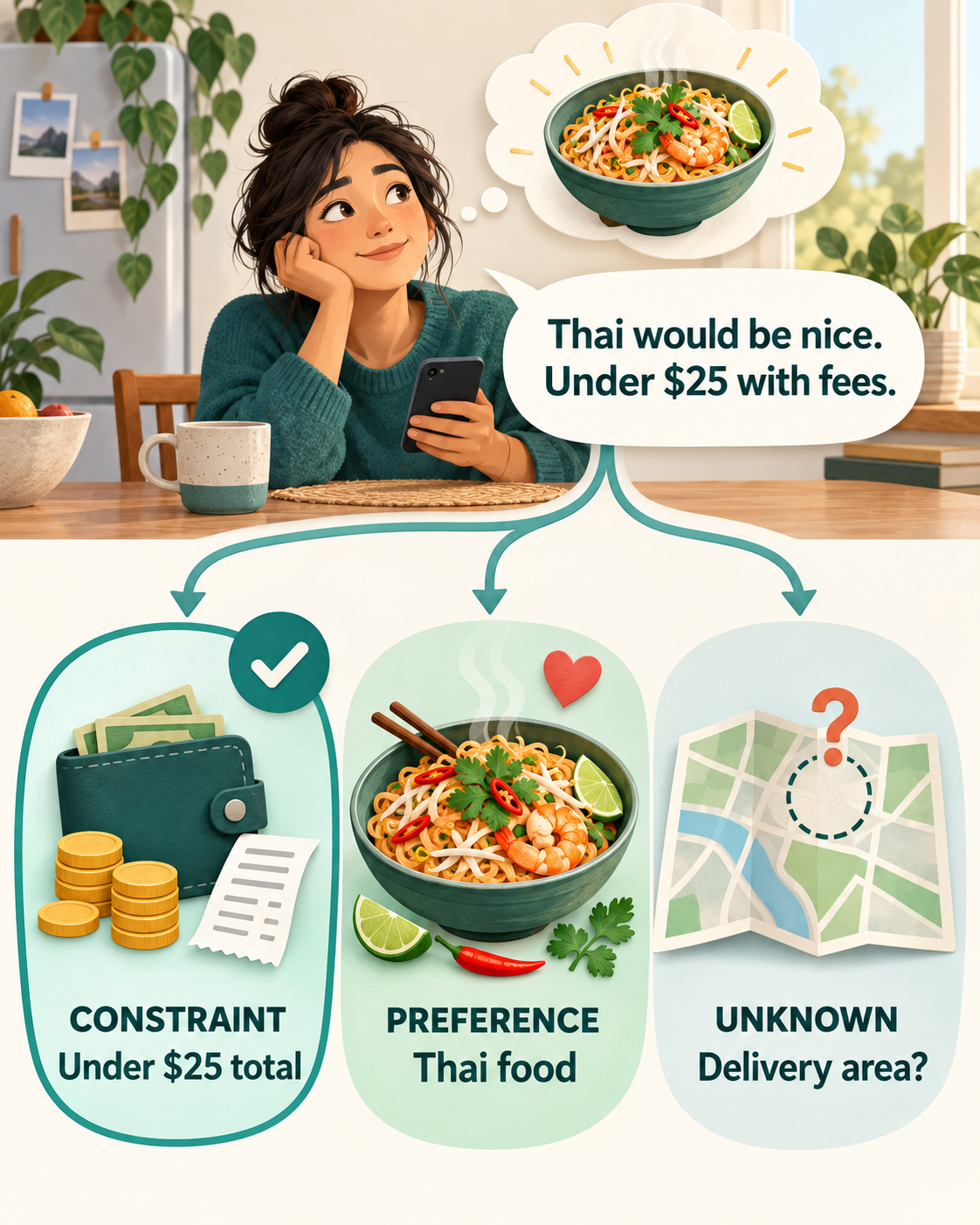A diner’s request branches into a wallet and receipt representing the $25 total constraint, a Thai noodle bowl representing a preference, and a map with a question mark representing the unknown delivery area.