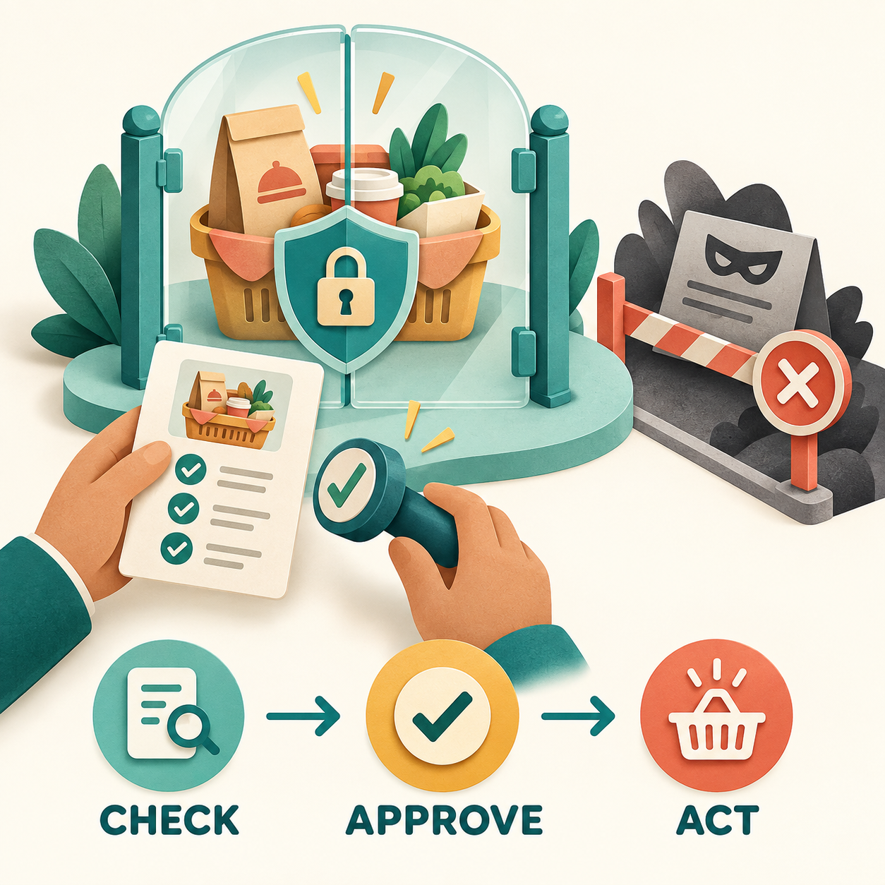 An approval gate separates a draft basket from an action.