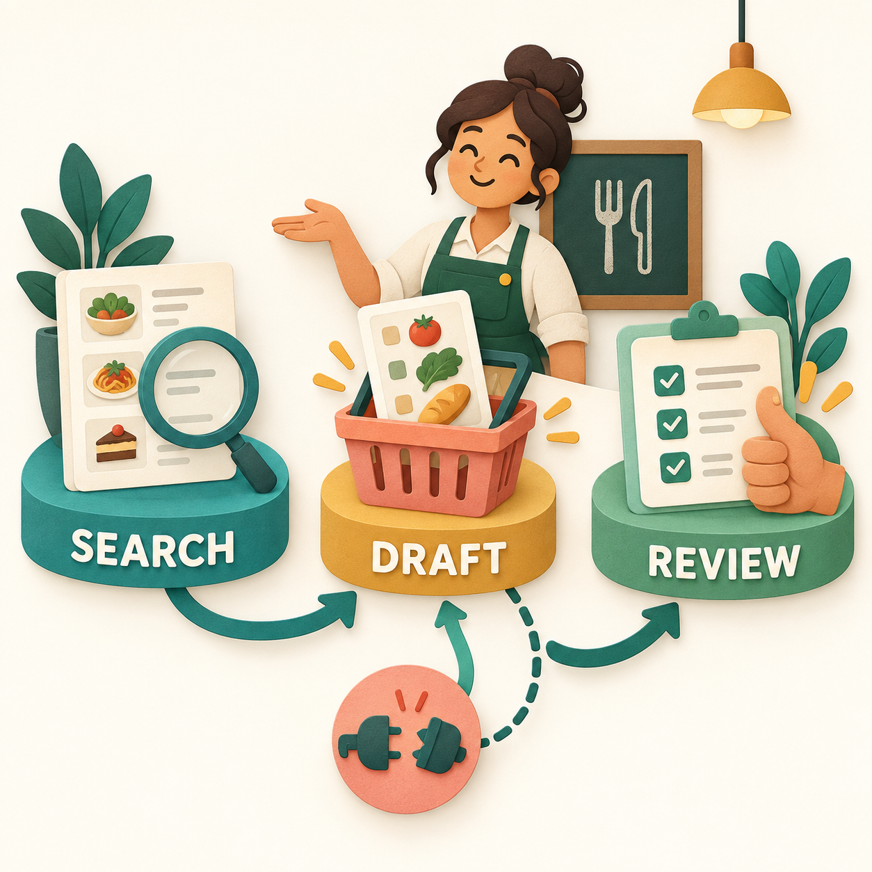 A menu search leads to a draft basket and a human review.