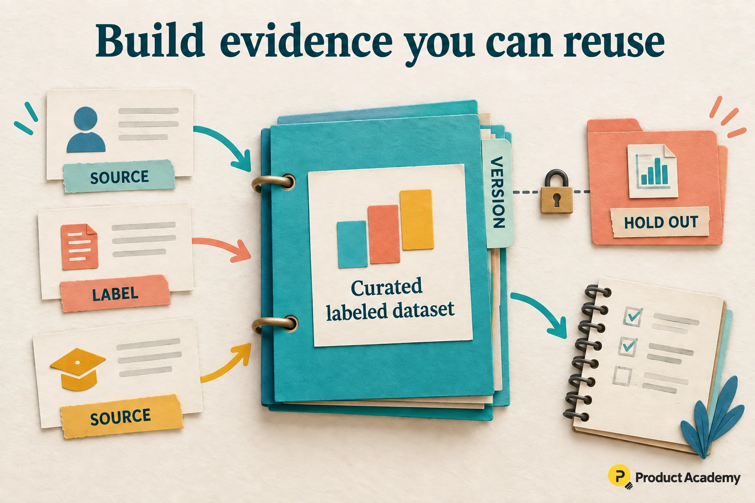 Real user request cards, expert-reviewed examples and challenging synthetic cards merge into a curated labeled dataset binder with a version tab.
