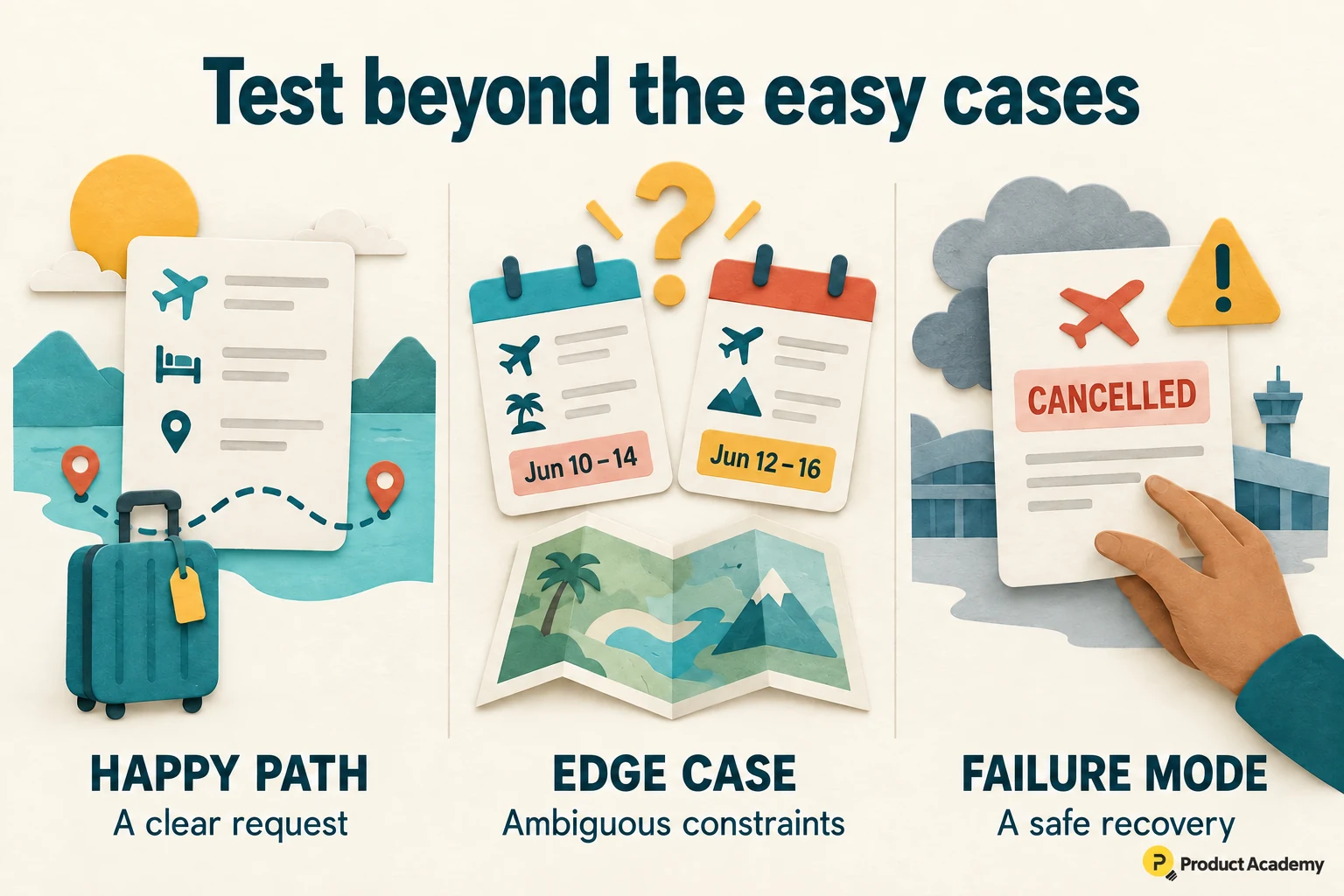 Three travel-assistant test cases: a clear itinerary request, conflicting dates, and a cancelled booking requiring safe recovery.