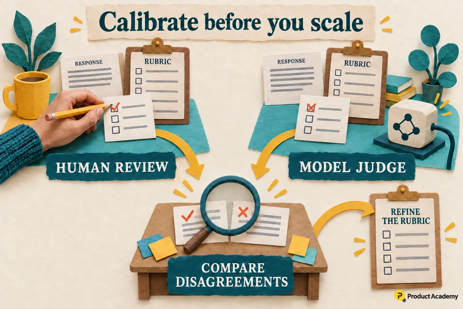 A human and model judge grade the same response with a shared rubric. Their differing judgments are compared to refine the rubric.