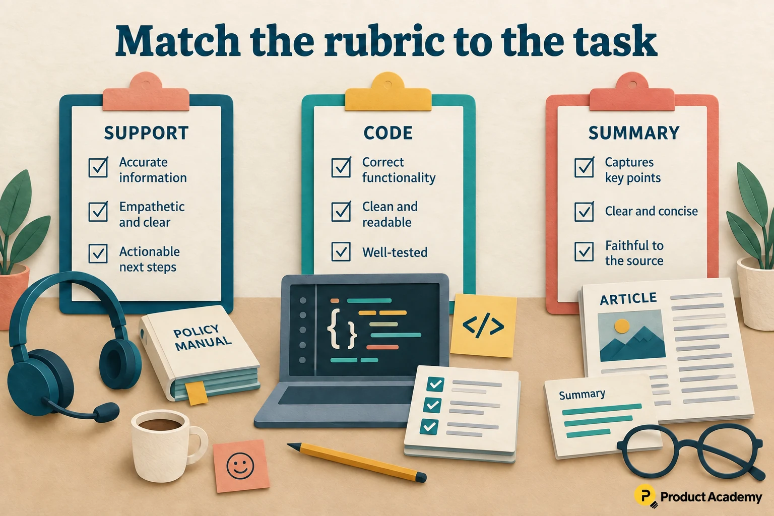 Three workstations with different rubric clipboards: support headset and policy manual; code editor represented by bracket symbols and test blocks; source article condensed into short summary.