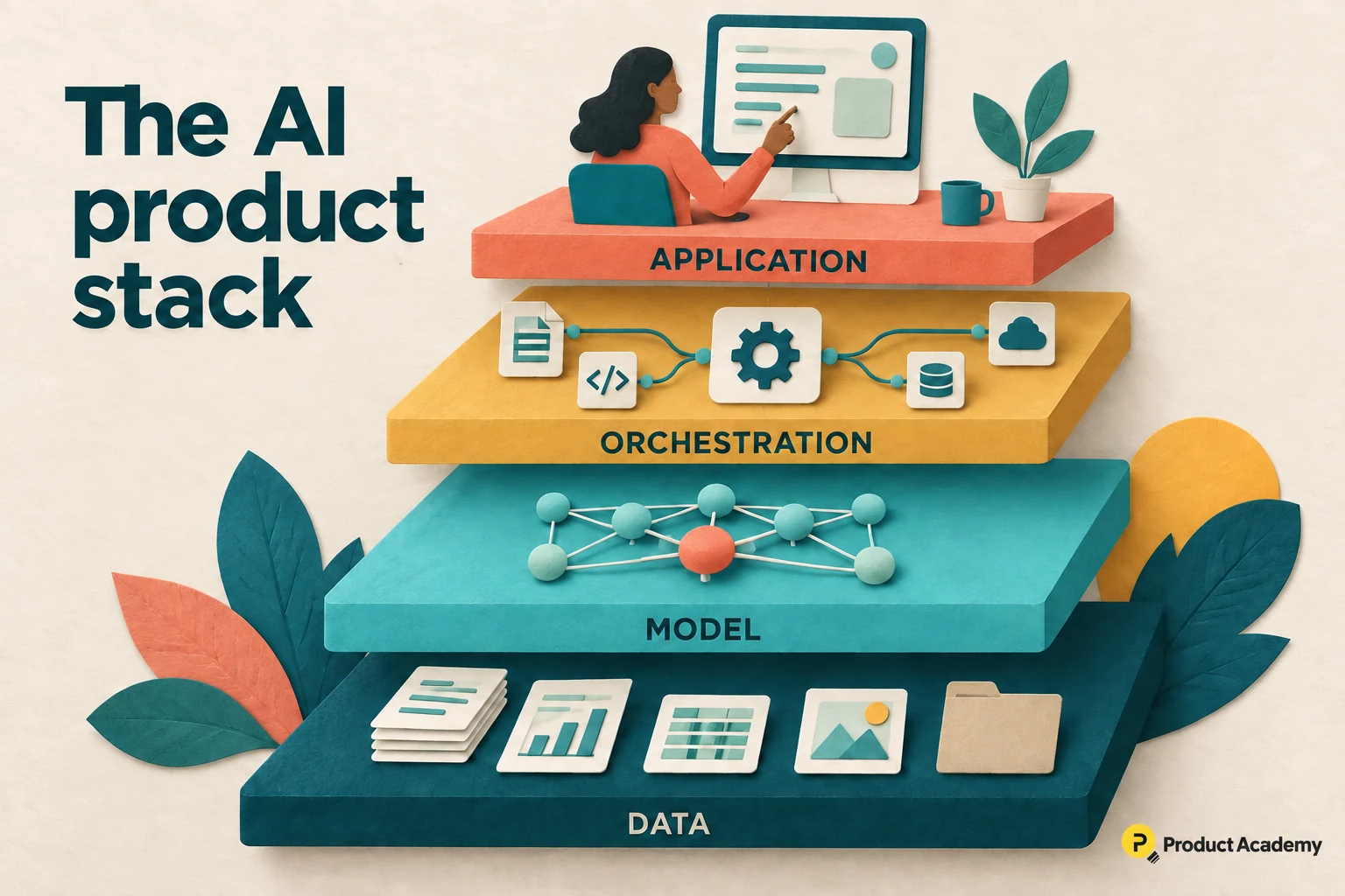 Four layers of an AI product: data, model, orchestration, and application.