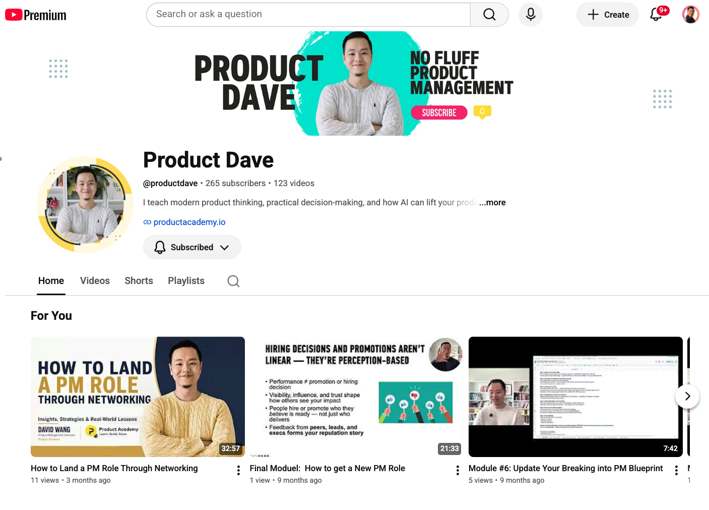 Product Dave YouTube channel showing the channel banner and a selection of product management videos.