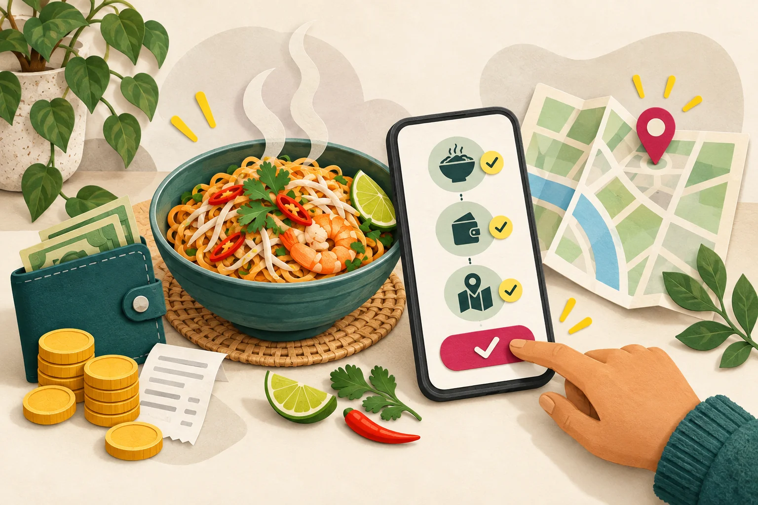 A noodle bowl, budget wallet and map beside a phone ready for an order approval.