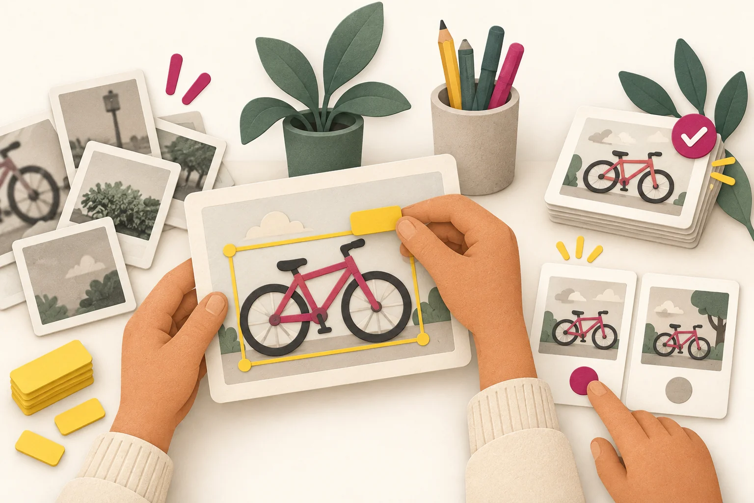 Hands label an image and rank response cards before a quality review.