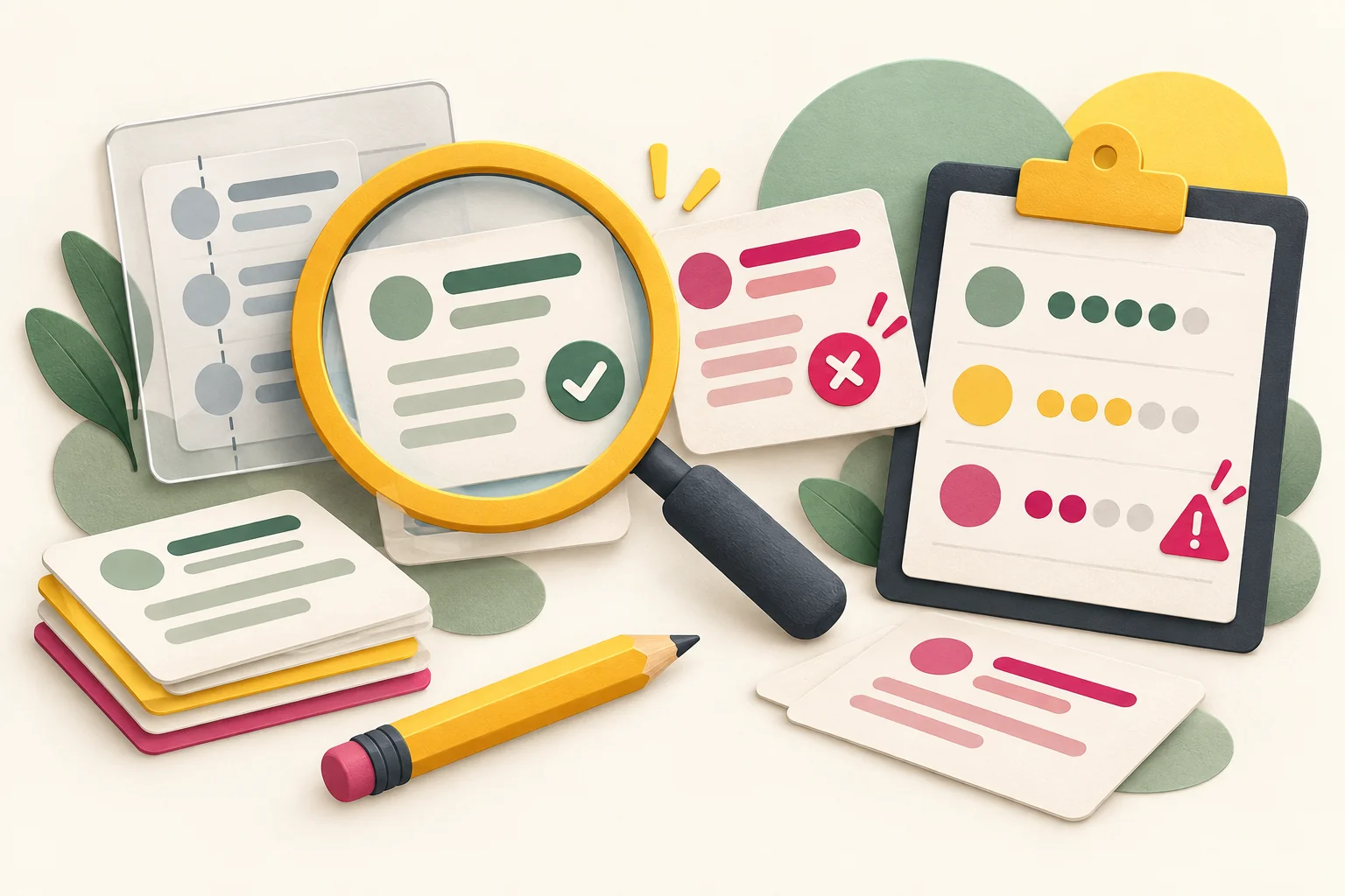 A magnifying glass compares response cards with a quality rubric.