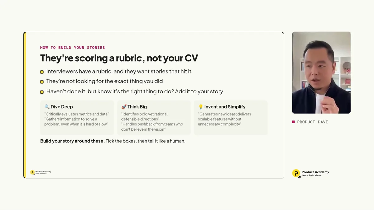 Session slide titled They're scoring a rubric, not your CV, with Dave on camera explaining the rubric