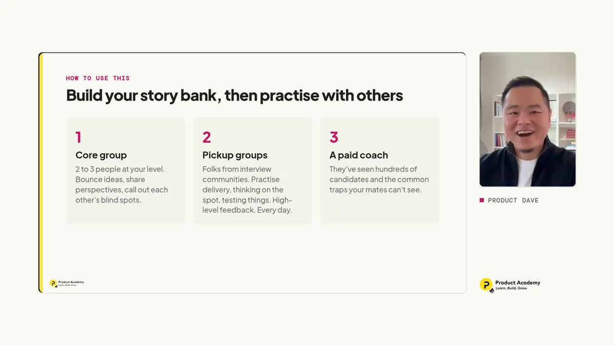 Dave teaching the Build your story bank, then practise with others slide