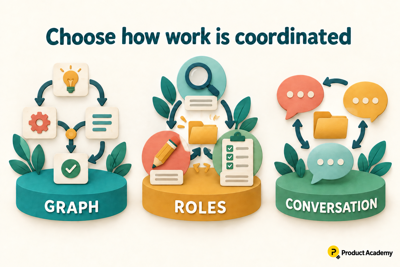 Three coordination models: a branching graph, specialist role stations and linked conversation bubbles.