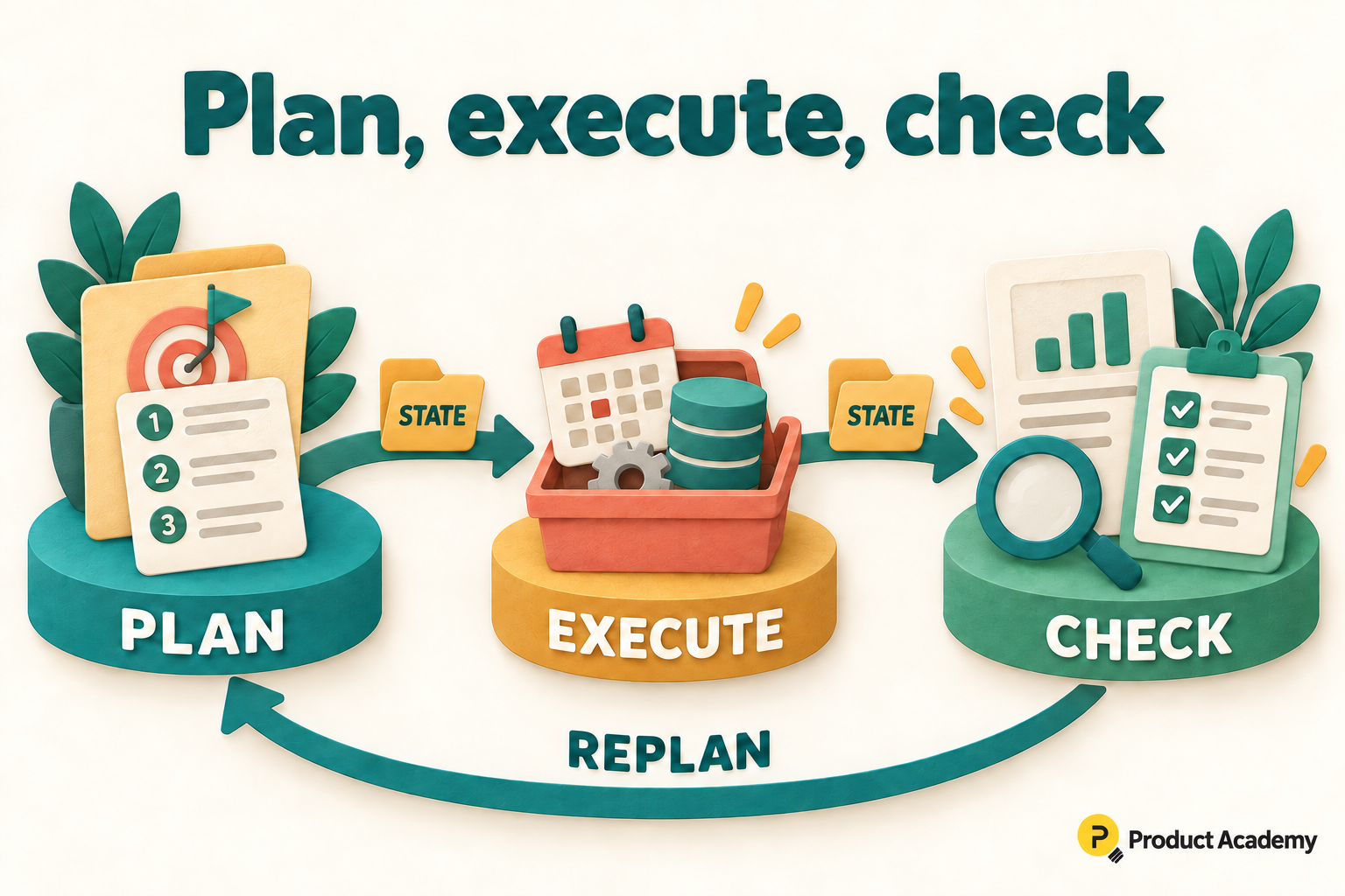 Plan connects to execute and check through state handoffs, with a replan arrow returning from check to plan.